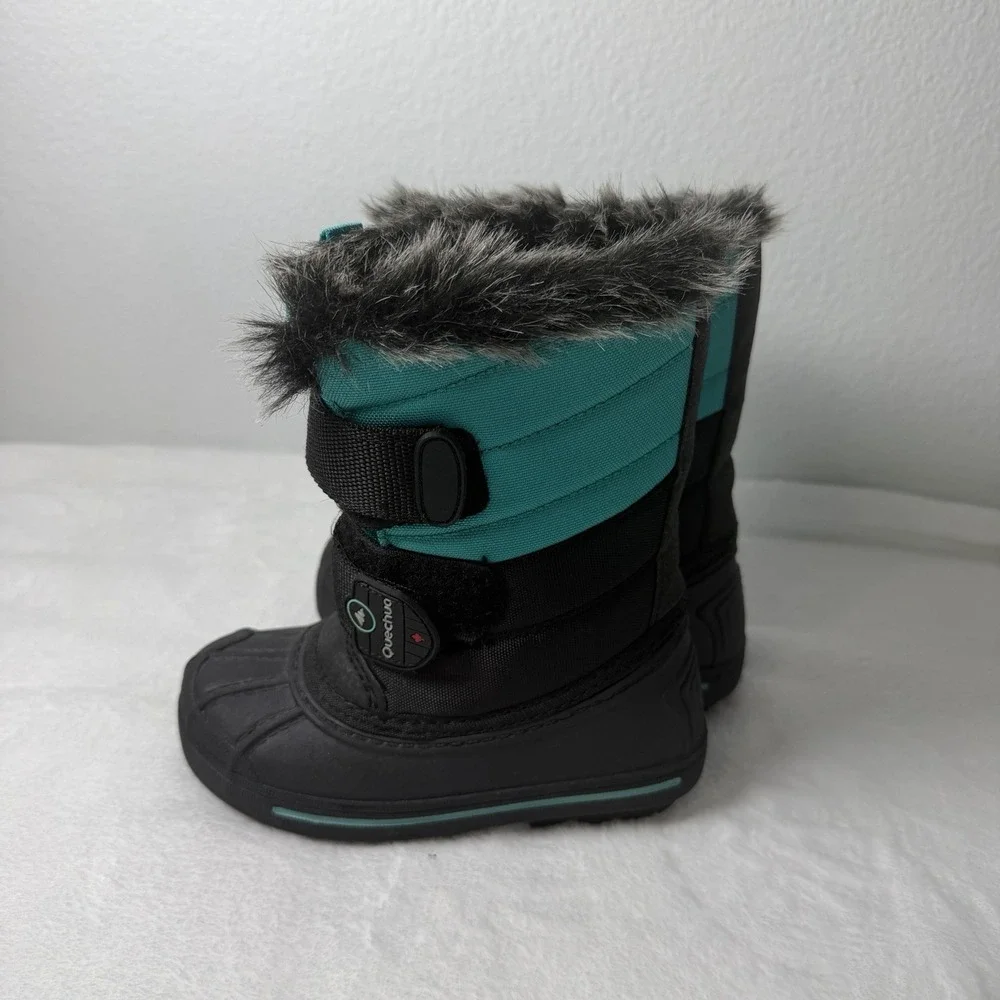 Quechua Little Kids Snow Boots Size 10 Black And Teal Faux Fur Lining Activewear